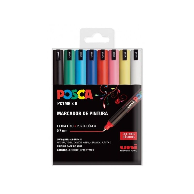 Posca PC1MR Pack de 8 Marqueurs Peinture - Pointe Roller Fibre 0,7mm - Encre Pigmentée à Base d'Eau - Résistant à la Lumière