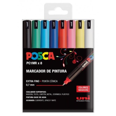 Posca PC1MR Pacote de 8 marcadores de tinta - Ponta de rolo de fibra de 0,7 mm - Tinta pigmentada à base de água - Resistente à