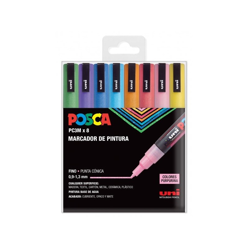 Posca PC3ML Pack de 8 Marcadores de Pintura - Punta Conica 0.9-1.3mm - Tinta Base al Agua - Resistente a la Luz - Ideal para