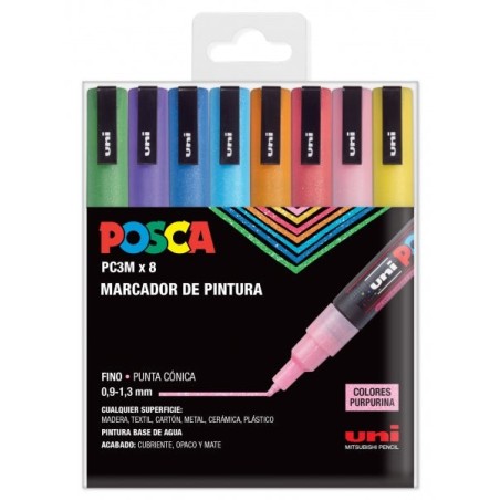 Posca PC3ML Pack of 8 Paint Markers - Conical Tip 0,9-1,3mm - Water Based Ink - Light Resistant - Ideal for Signage and
