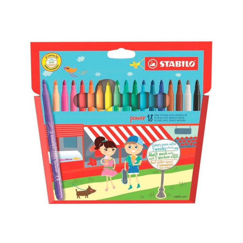 Stabilo Power Pack de 18 Rotuladores de Colores - Punta Media de 2mm - Tinta Lavable - Capuchon Ventilado - Colores Surtidos