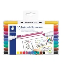 Staedtler Lumocolor 3010 Pack of 10 Whiteboard Markers - Double Chisel and Tapered Tip - Water Based Ink - Assorted Colors