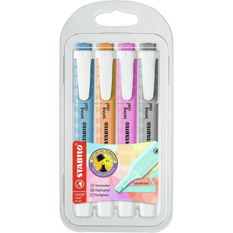 Stabilo Swing Cool Pastel Pacote de 4 Marcadores Fluorescentes - Corpo Plano - Ponta Cinzel - Linha entre 1 e 4mm - Tinta à