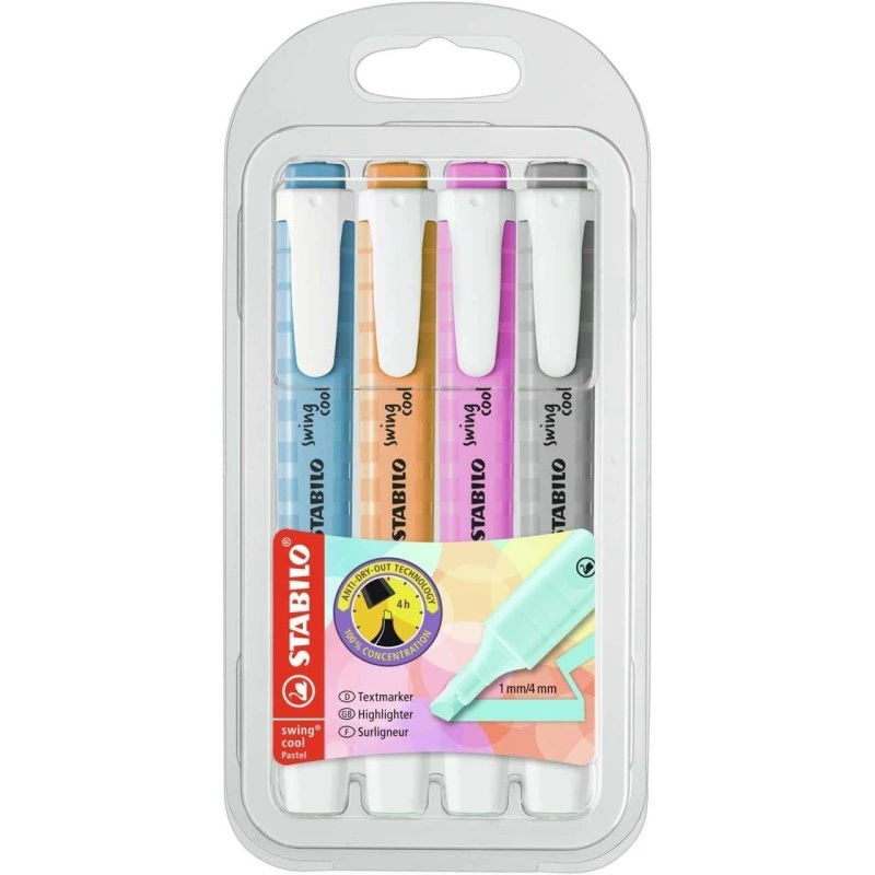 Stabilo Swing Cool Pastel Pacote de 4 Marcadores Fluorescentes - Corpo Plano - Ponta Cinzel - Linha entre 1 e 4mm - Tinta à