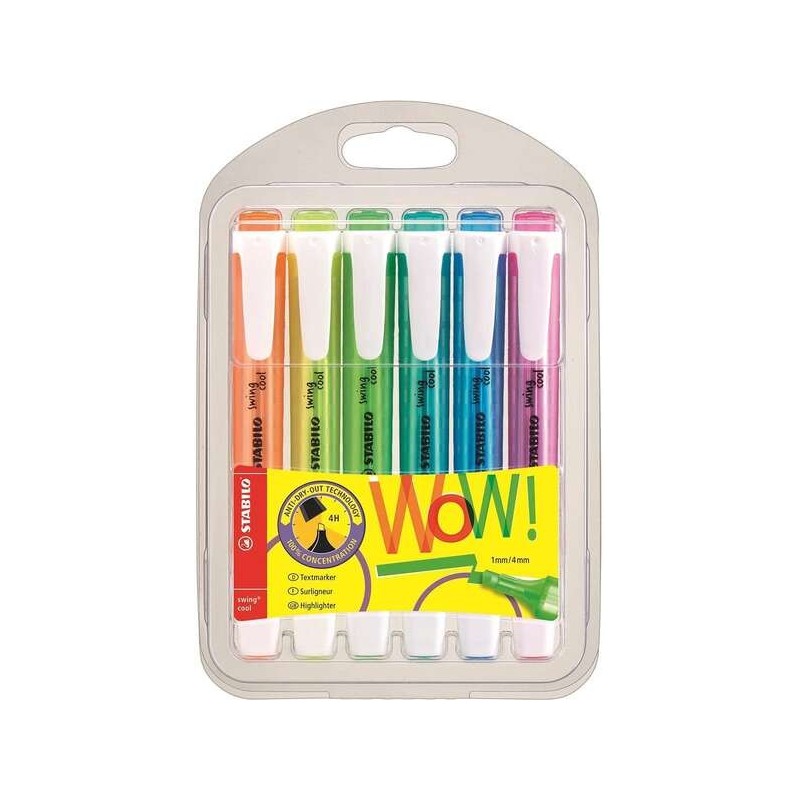 Stabilo Swing Cool Pack de 6 Marcadores Fluorescentes - Cuerpo Plano - Punta Biselada - Trazo entre 1 y 4mm - Tinta con Base de