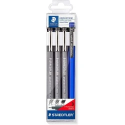 Staedtler Pigment Liner 308 Pack de 3 Marqueurs Calibrés 0,2, 0,4 et 0,8 mm + 1 Porte-Mine 0,5 mm - Séchage Rapide - Couleur