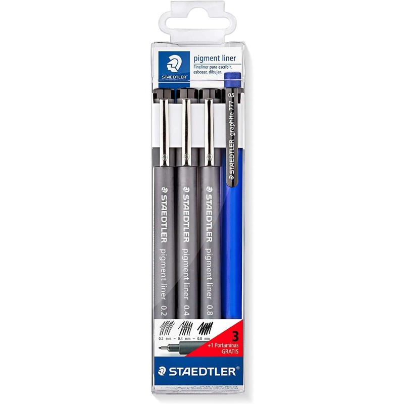 Staedtler Pigment Liner 308 Pacote com 3 Marcadores Calibrados 0,2, 0,4 e 0,8mm + 1 Lápis Mecânica 0,5mm - Secagem Rápida - Cor