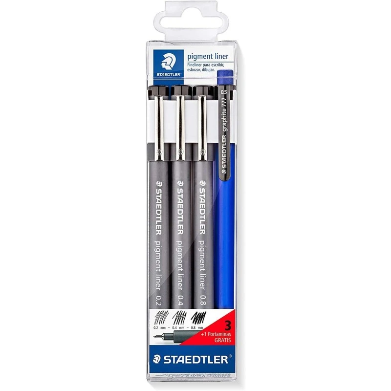 Staedtler Pigment Liner 308 Pacote com 3 Marcadores Calibrados 0,2, 0,4 e 0,8mm + 1 Lápis Mecânica 0,5mm - Secagem Rápida - Cor