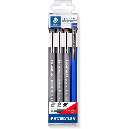 Staedtler Pigment Liner 308 Pack de 3 Marqueurs Calibrés 0,2, 0,4 et 0,8 mm + 1 Porte-Mine 0,5 mm - Séchage Rapide - Couleur