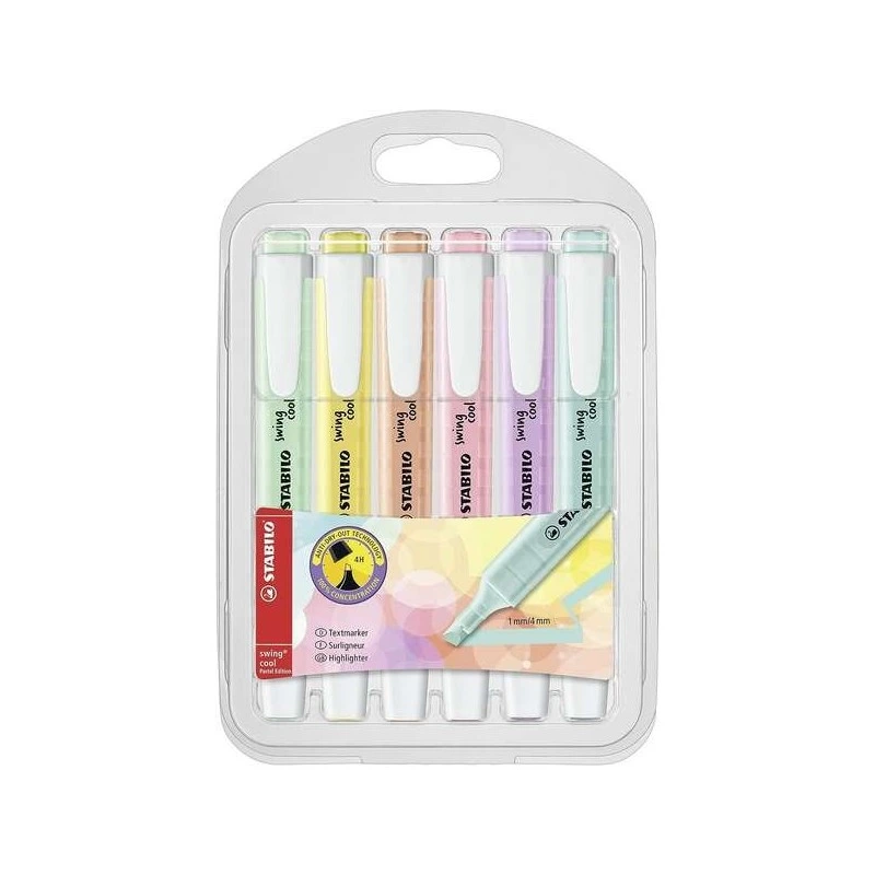 Stabilo Swing Cool Pastel Pack de 6 Marqueurs Fluorescents - Corps Plat - Pointe Biseautée - Trait entre 1 et 4 mm - Encre à
