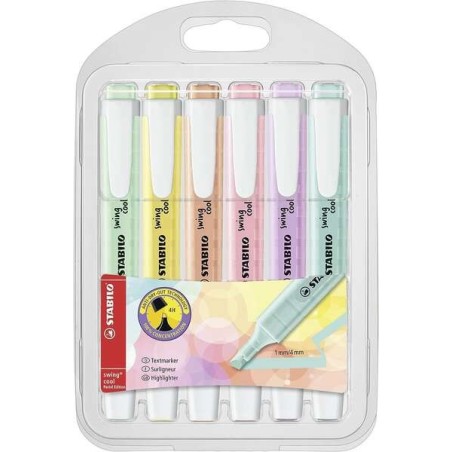 Stabilo Swing Cool Pastel Pack de 6 Marcadores Fluorescentes - Cuerpo Plano - Punta Biselada - Trazo entre 1 y 4mm - Tinta con
