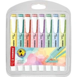 Pack de 8 Marqueurs Fluorescents Stabilo Swing Cool Pastel - Corps Plat - Pointe Biseautée - Trait entre 1 et 4 mm - Encre à