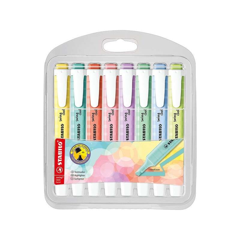 Pack de 8 Marqueurs Fluorescents Stabilo Swing Cool Pastel - Corps Plat - Pointe Biseautée - Trait entre 1 et 4 mm - Encre à