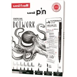 Uni-ball Uni Pin Dotwork Pacote de 8 marcadores calibrados 0,1, 0,3, 0,5, pincel e CS3 + 1 lapiseira Shalaku S + 4 tutoriais +