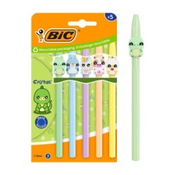 Pacote de Estatuetas Bic Cristal Pastel com 5 Canetas Esferográficas - Corpo Opaco em Cores Pastel com Figuras de Animais