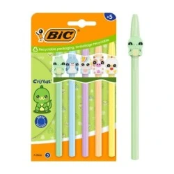 Pack de Figurines Bic Cristal Pastel avec 5 Stylos à Bille - Corps Opaque aux Couleurs Pastel avec Figures d'Animaux - Pointe