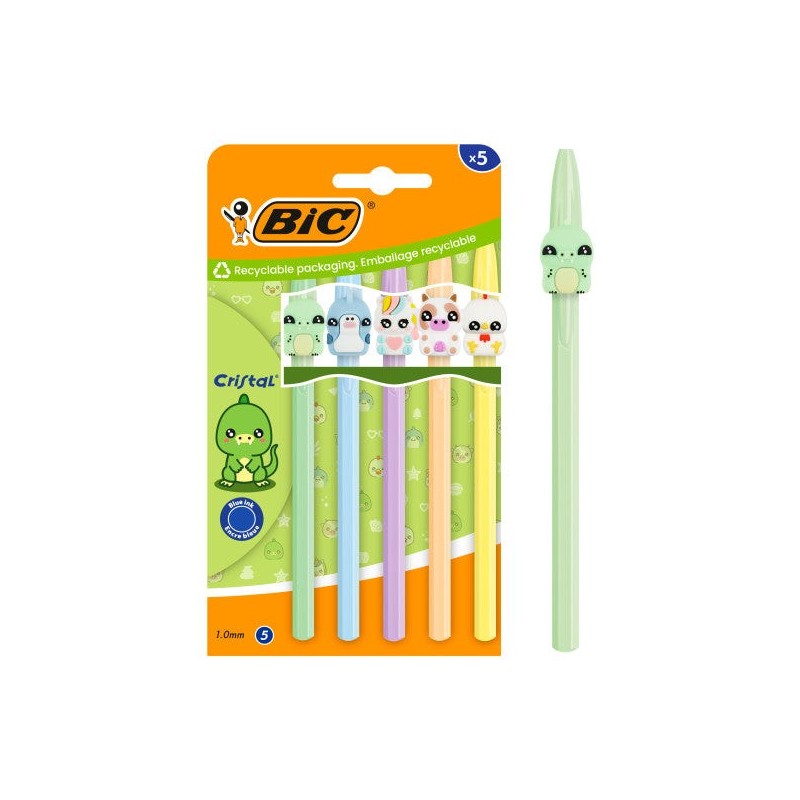 Pacote de Estatuetas Bic Cristal Pastel com 5 Canetas Esferográficas - Corpo Opaco em Cores Pastel com Figuras de Animais