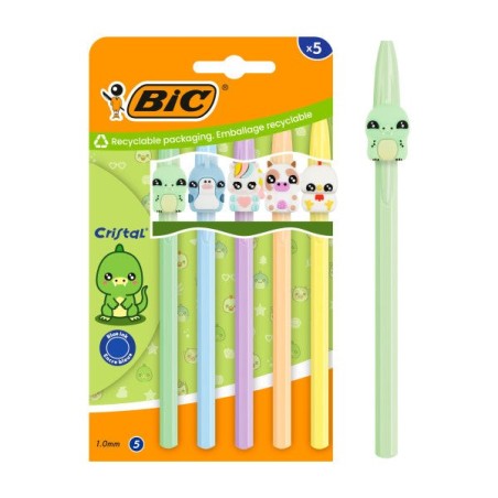 Pacote de Estatuetas Bic Cristal Pastel com 5 Canetas Esferográficas - Corpo Opaco em Cores Pastel com Figuras de Animais