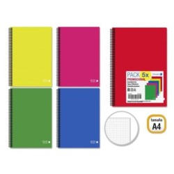 Golden Basic Pack of 5 A4 Notebooks 80 Sheets 90gr 4x4 Grid - Ideal for Students - Polypropylene Cover - Assorted Colors