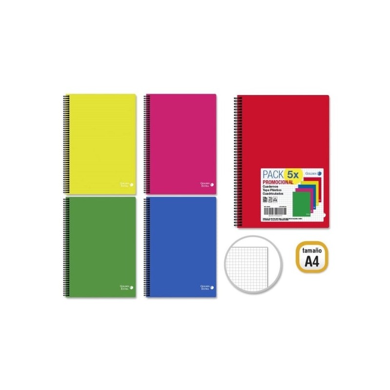 Golden Pacote Básico de 5 Cadernos A4 80 Folhas 90gr Grade 4x4 - Ideal para Estudantes - Capa Polipropileno - Cores Sortidas