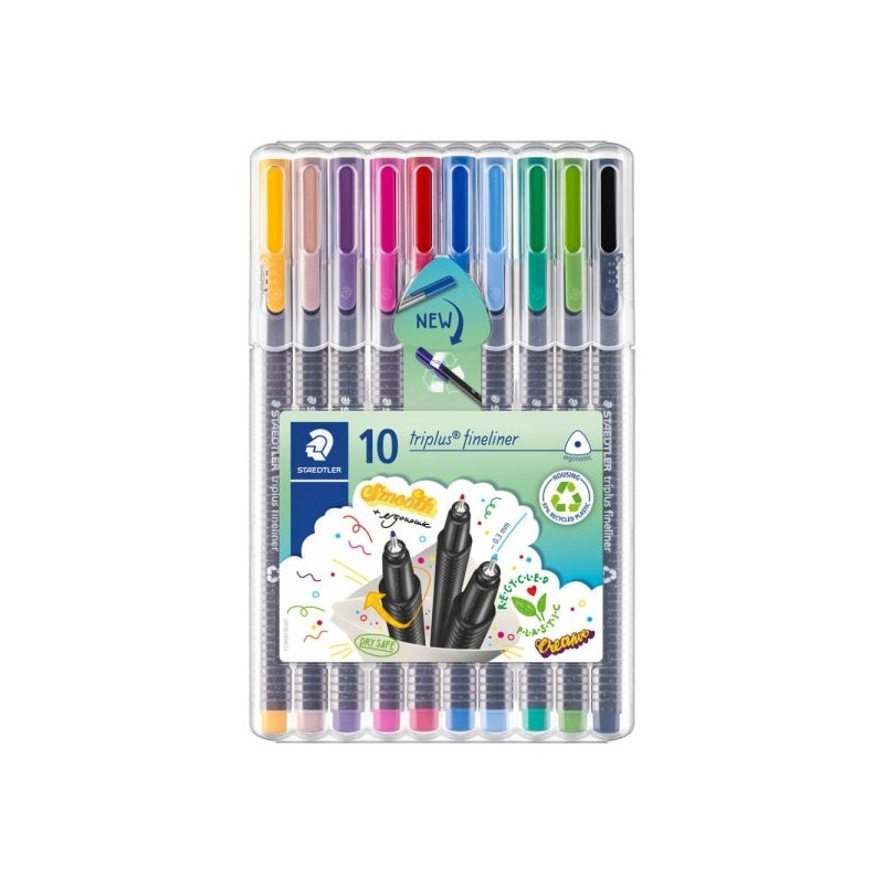 Staedtler Triplus Fineliner 334 Pack de 10 Rotuladores de Punta Fina - Trazo 0.3 mm aprox. - Tinta Base de Agua - 97% de
