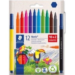 Staedtler Noris 326 Lot de 12 Feutres Marqueurs Pointe Fine - Course 1mm - Pot à Base d'Eau - Capuchon Ventilé - Couleurs