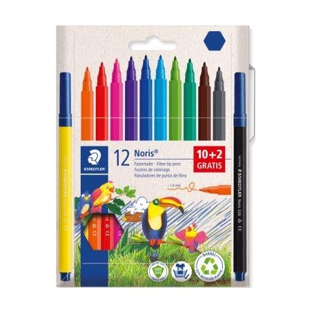 Staedtler Noris 326 Pack de 12 Rotulador de Punta Fina - Trazo 1mm - Tina Base de Agua - Tapa Ventilada - Colores surtidos
