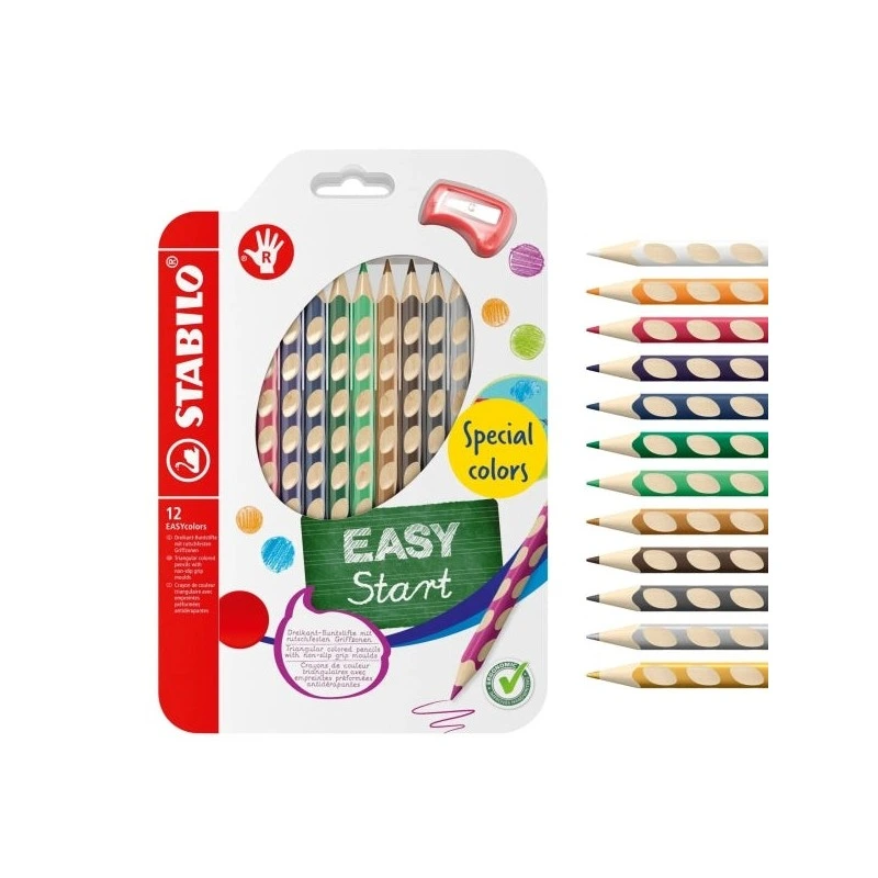 Stabilo Easycolors Special Colors Pack con 12 Lapices de Colores Ergonomicos + Sacapuntas - Mina de 4.2mm - Forma Triangular