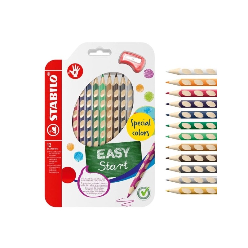 Stabilo Easycolors Special Colors Pack with 12 Ergonomic Colored Pencils + Sharpener - 4,2mm Lead - Triangular Shape