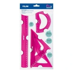 Pacote Milão de 4 Réguas Flexíveis e Resistentes - Régua, Esquadro, Bisel e Transferidor - Cor Rosa