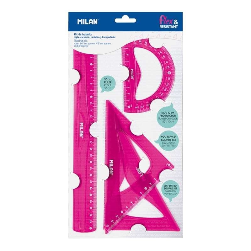 Pacote Milão de 4 Réguas Flexíveis e Resistentes - Régua, Esquadro, Bisel e Transferidor - Cor Rosa