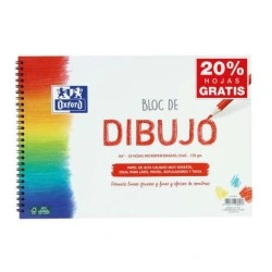 Bloc à dessin Oxford Spiral School Format A4+ Lisse - 20 feuilles microperforées 130gr Couleur naturelle - Papier surface