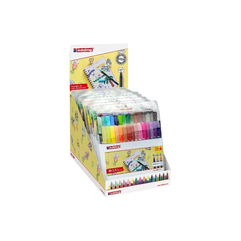 Display Edding 1200 com 10 pacotes de 30 marcadores - Ponta redonda - Tinta à base de água - Cores variadas clássicas, neon e