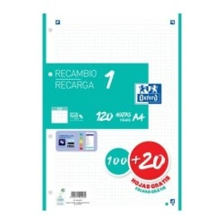Oxford School Recambio A4 120 Hojas Cuadricula 5x5mm - 4 Taladros - Banda de Color Ice Mint