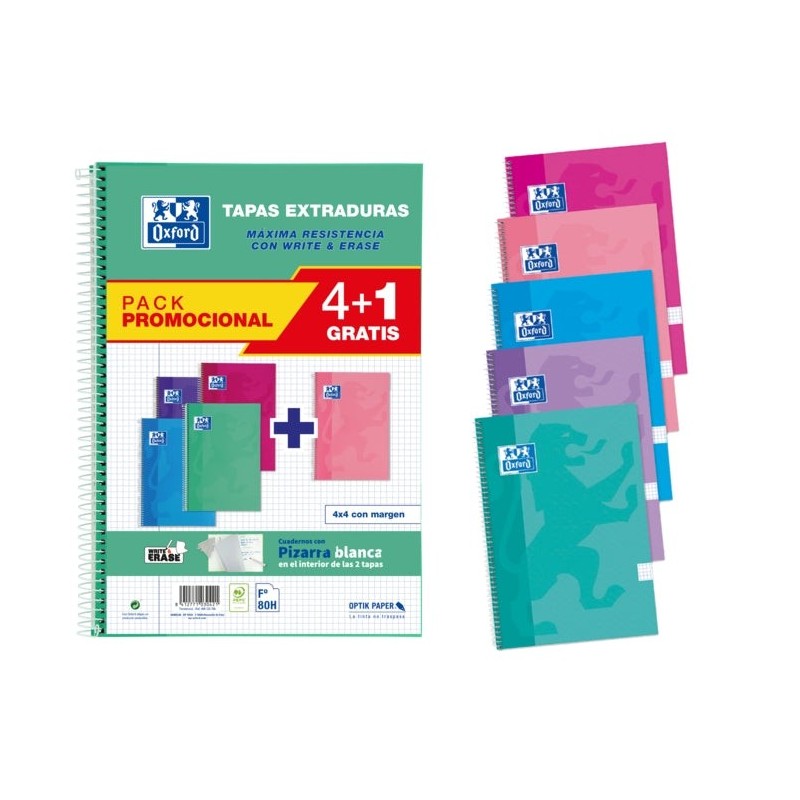 Oxford School Write&Erase Caderno Espiral Pack 4+1 80 Folhas Quadrícula 4x4 com Margem - Capa Extradura - Cores Sortidas