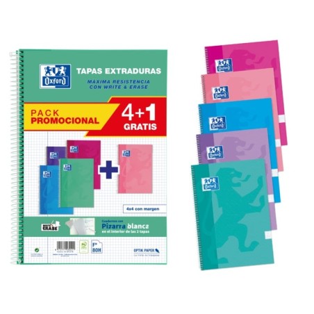 Oxford School Write&Erase Pack 4+1 de Cuaderno Espiral 80 Hojas Cuadricula 4x4 con Margen - Tapa Extradura - Colores Surtidos