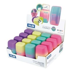 Milan Compact Sunset Display of 16 Sharpeners - Standard and Maxi Use - Steel Blade - Eraser - Safety Blade - Assorted Colors
