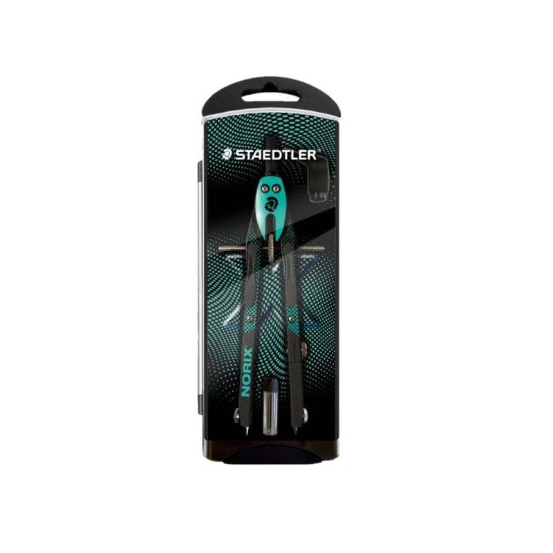 Bússola escolar de metal de precisão Staedtler Norix 555 - Mecanismo de botão e ajuste da roda central - Cor Verde/Preto