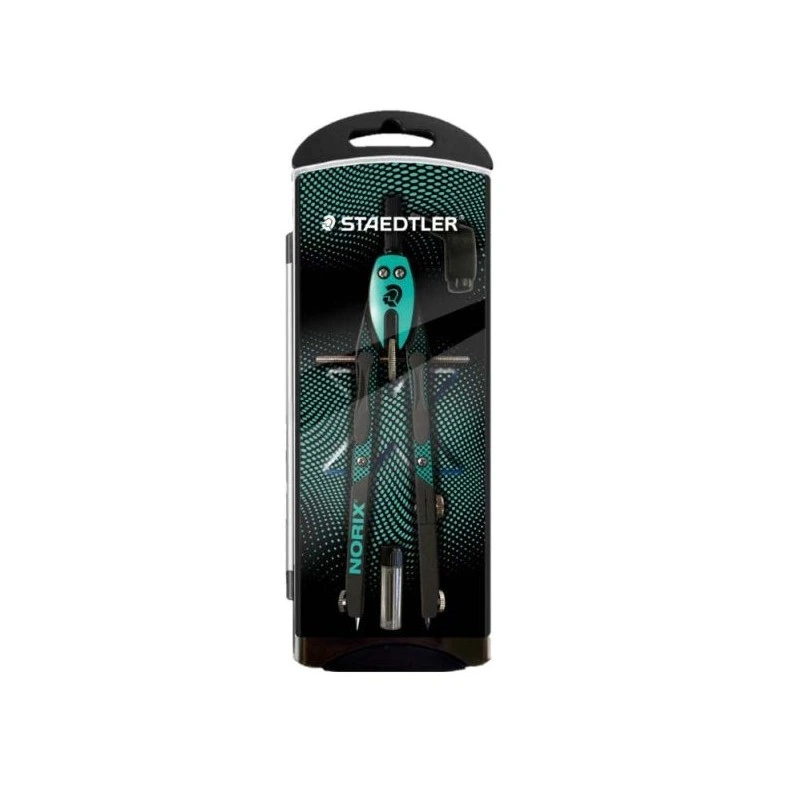 Bússola escolar de metal de precisão Staedtler Norix 555 - Mecanismo de botão e ajuste da roda central - Cor Verde/Preto