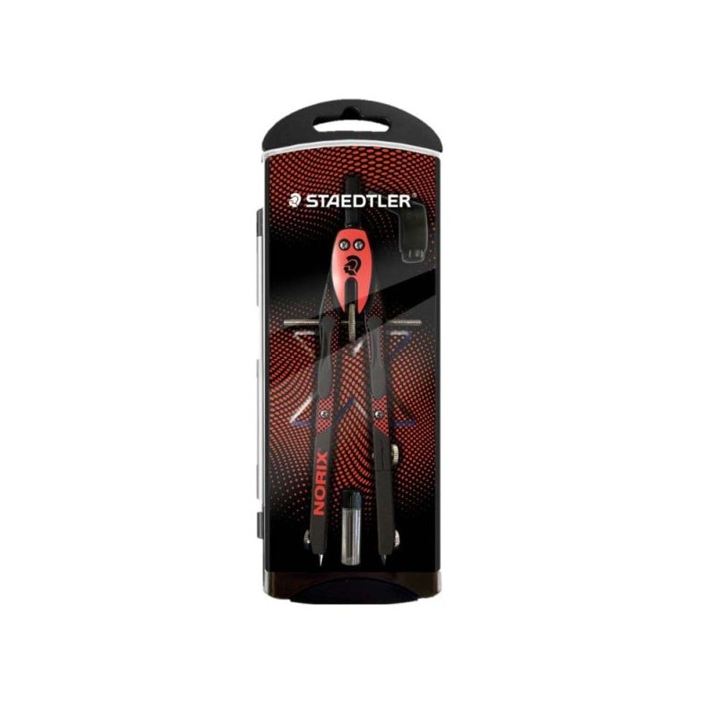 Bússola escolar de metal de precisão Staedtler Norix 555 - Mecanismo de botão e ajuste da roda central - Cor Vermelho/Preto