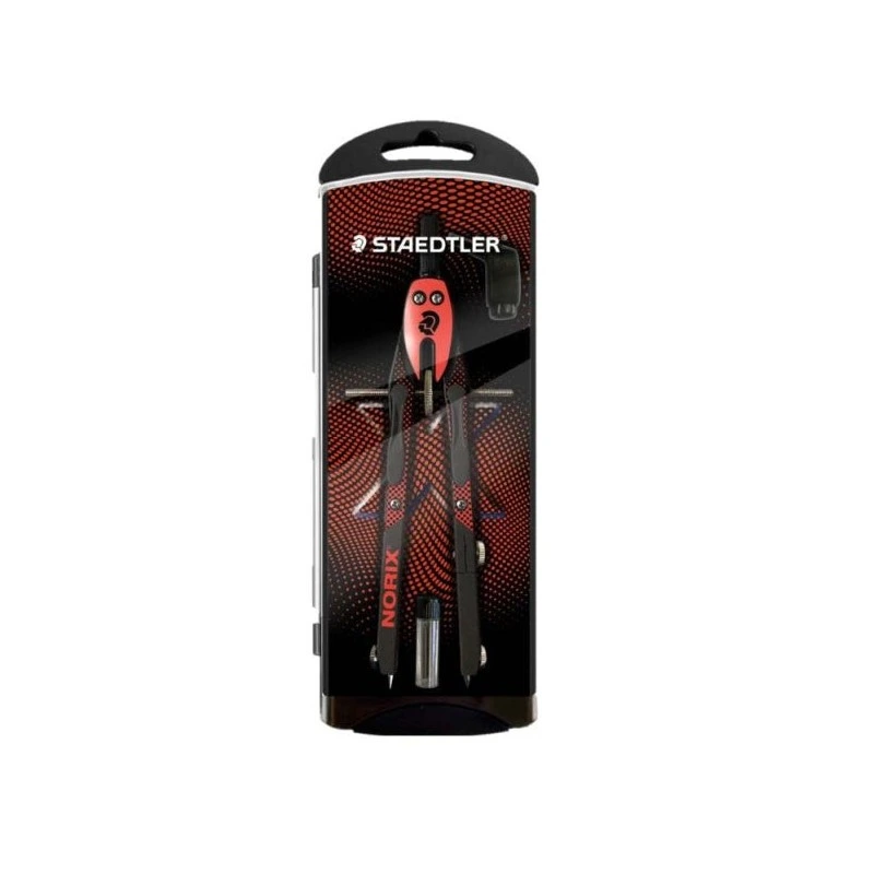 Bússola escolar de metal de precisão Staedtler Norix 555 - Mecanismo de botão e ajuste da roda central - Cor Vermelho/Preto