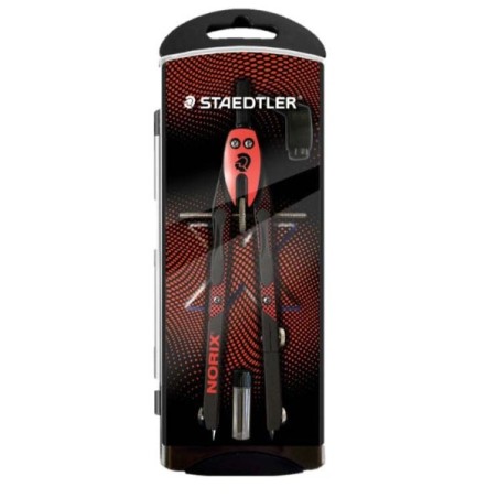 Bússola escolar de metal de precisão Staedtler Norix 555 - Mecanismo de botão e ajuste da roda central - Cor Vermelho/Preto