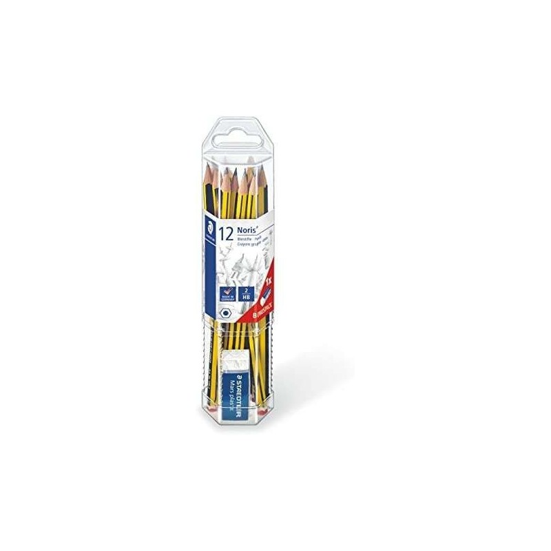 Staedtler Noris 120 Pack of 12 Hexagonal Graphite Pencils + Eraser - 2mm Ultra-resistant HB Lead - Wood from Sustainable Forests