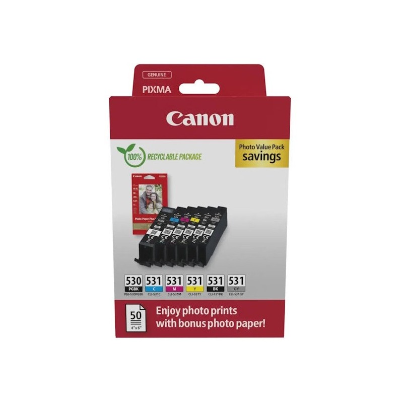Canon PGI530/CLI531 Pack of 6 Original Ink Cartridges + 50 Sheets Photo Paper 10x15cm - 6117C004