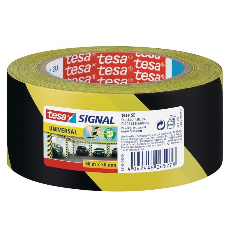 Tesa Cinta Adhesiva de Señalizacion 50mm x 66m - Ideal para Señalizar Obstaculos Permanentes - Adhesivo sin Disolventes - Color