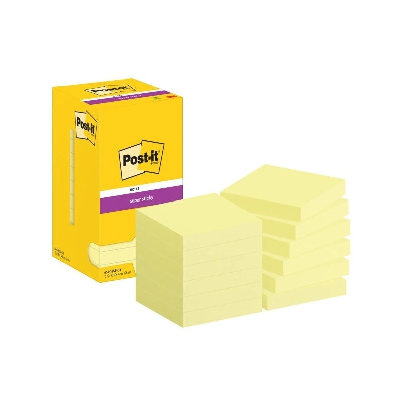Pacote Post-It Super Sticky de 12 blocos de 90 notas adesivas reposicionáveis ​​- 76x76mm - Embalagem de papelão - Cor amarelo