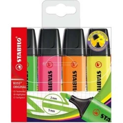 Stabilo Boss 70 Pack de 4 Marcadores Fluorescentes - Trazo entre 2 y 5mm - Recargable - Tinta con Base de Agua - Colores