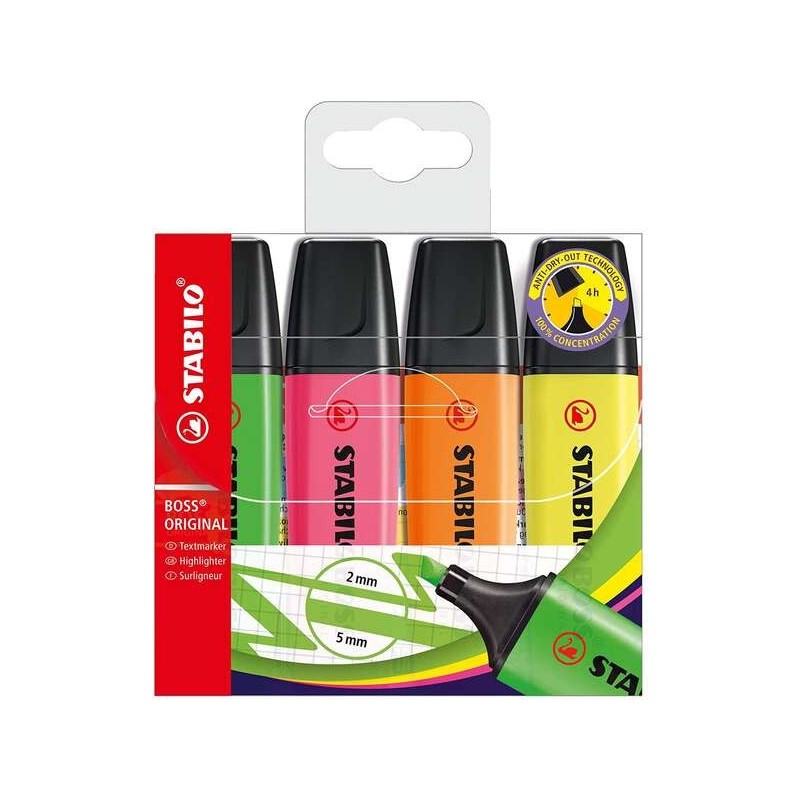 Stabilo Boss 70 Pack de 4 Marqueurs Fluorescents - Trait entre 2 et 5mm - Rechargeable - Encre à Base d'Eau - Couleurs Assorties