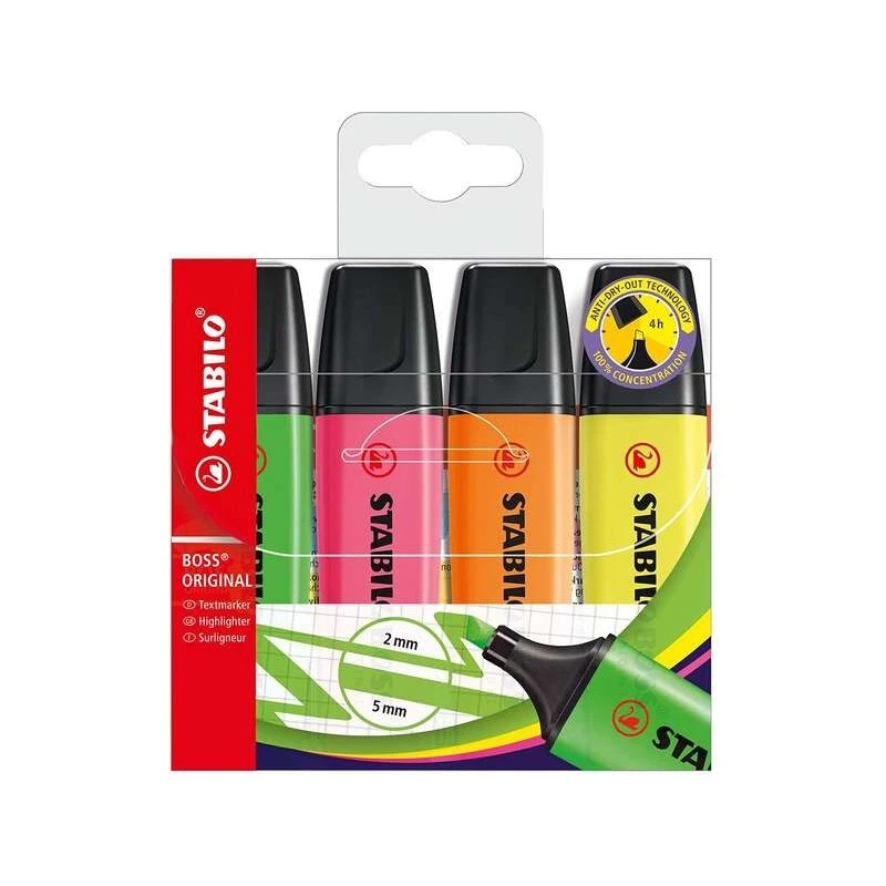 Stabilo Boss 70 Pack of 4 Fluorescent Markers - Line between 2 and 5mm - Refillable - Water-Based Ink - Assorted Colors