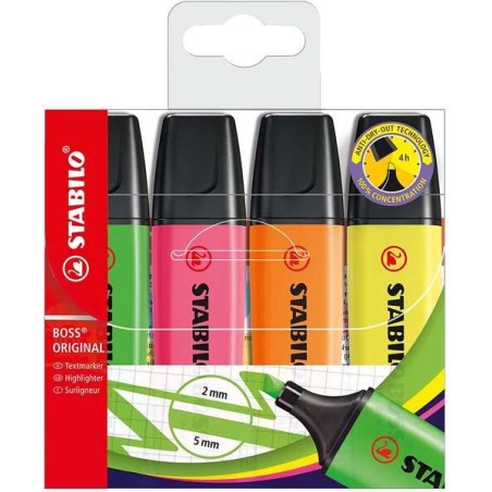 Stabilo Boss 70 Pack of 4 Fluorescent Markers - Line between 2 and 5mm - Refillable - Water-Based Ink - Assorted Colors